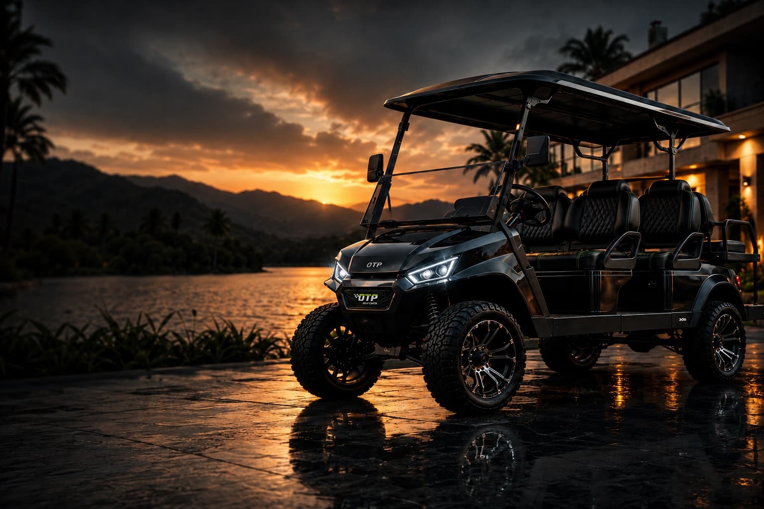 OTP Carts electric golf cart at sunset